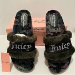 Juicy Couture JC Siren Slide Slippers Faux Fur Camo Bling Size 6M